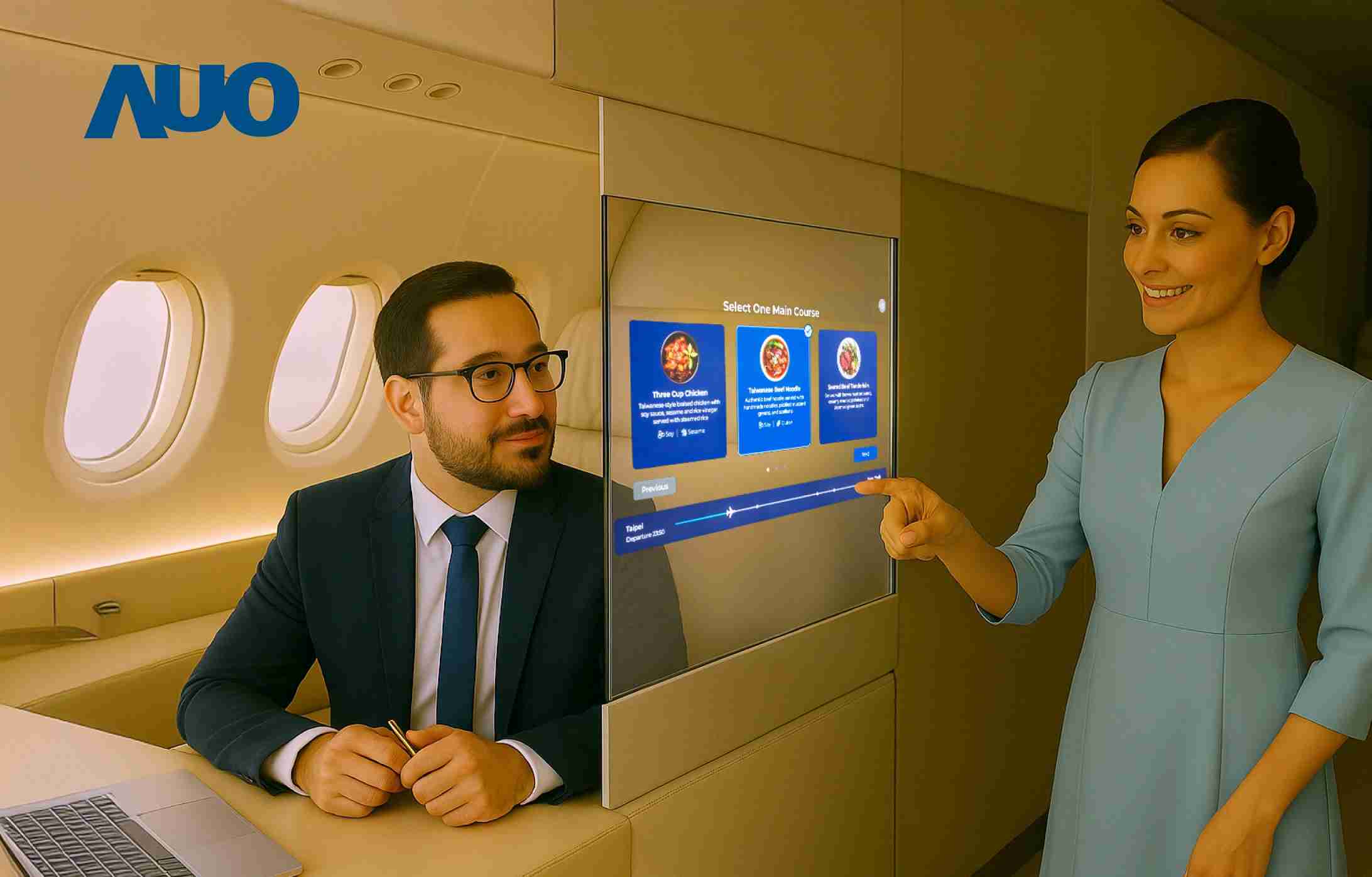 PG国际研发全球最薄17.3 吋双面透明 Micro LED 显示器，，，可在同一屏幕之双边投射不同信息，，创造独特的”透明化”互动；图为实时翻译交流应用情境